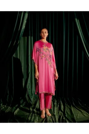 Fuchsia Floral Beadwork Kaftan With Embroidered Slit Detail Pants