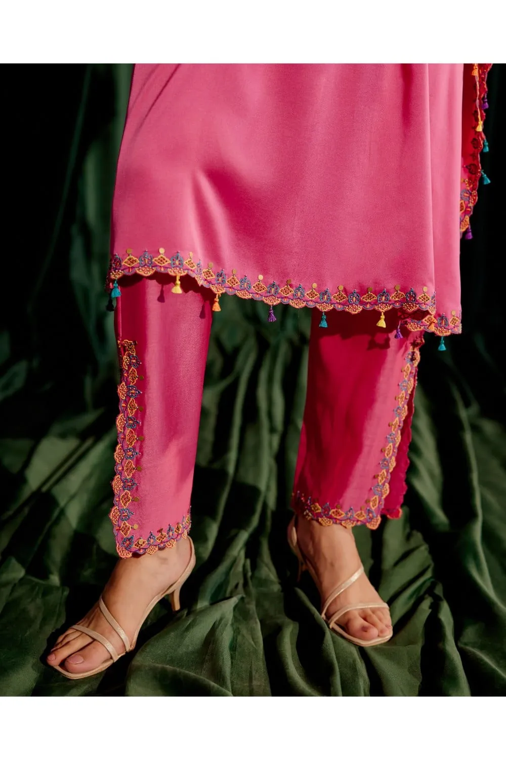 Fuchsia Floral Beadwork Kaftan With Embroidered Slit Detail Pants