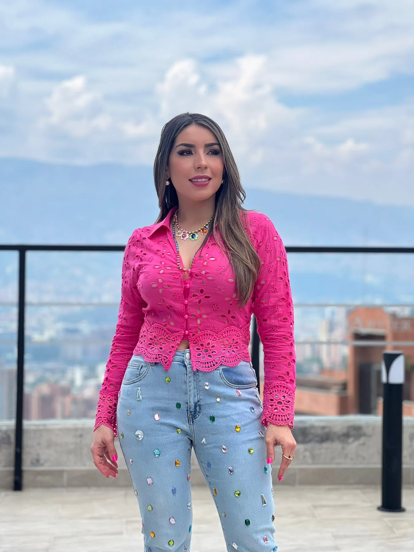 FUCHSIA KEYHOLE LACE SHIRT