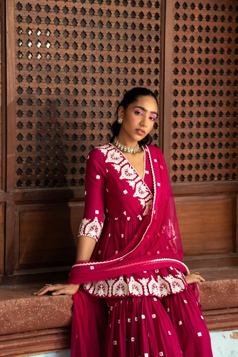 Fuchsia temple peplum sharara set