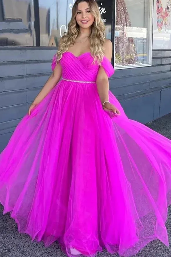 Fuchsia Tulle A-line Off-the-shoulder Floor Length Prom Dresses With Belt, MP845