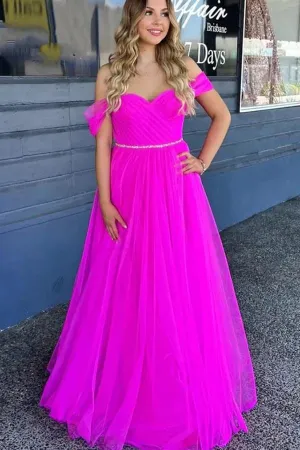 Fuchsia Tulle A-line Off-the-shoulder Floor Length Prom Dresses With Belt, MP845