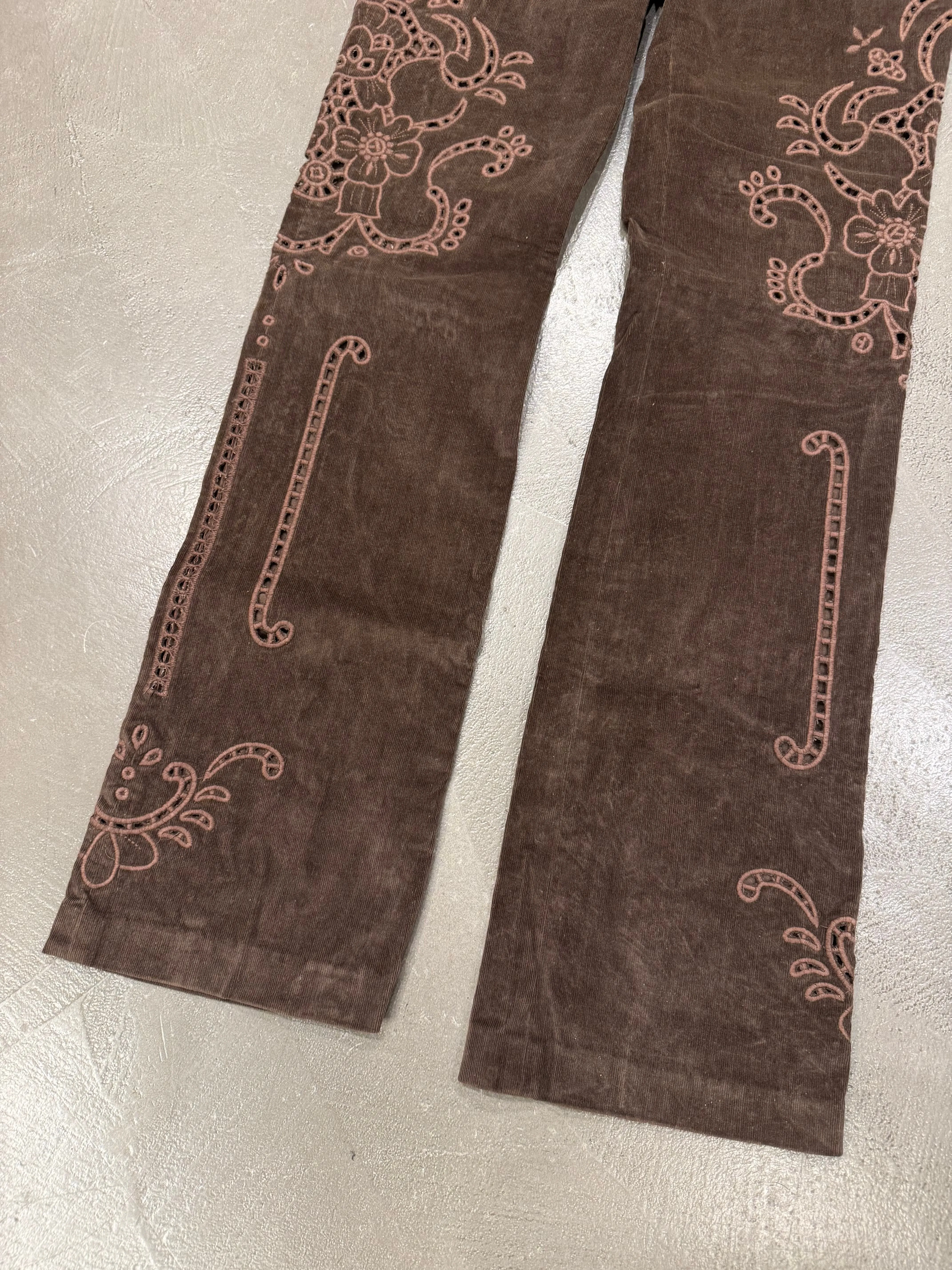 F/W 2002 Dolce & Gabbana embroidered brown corduroy bootcut pants