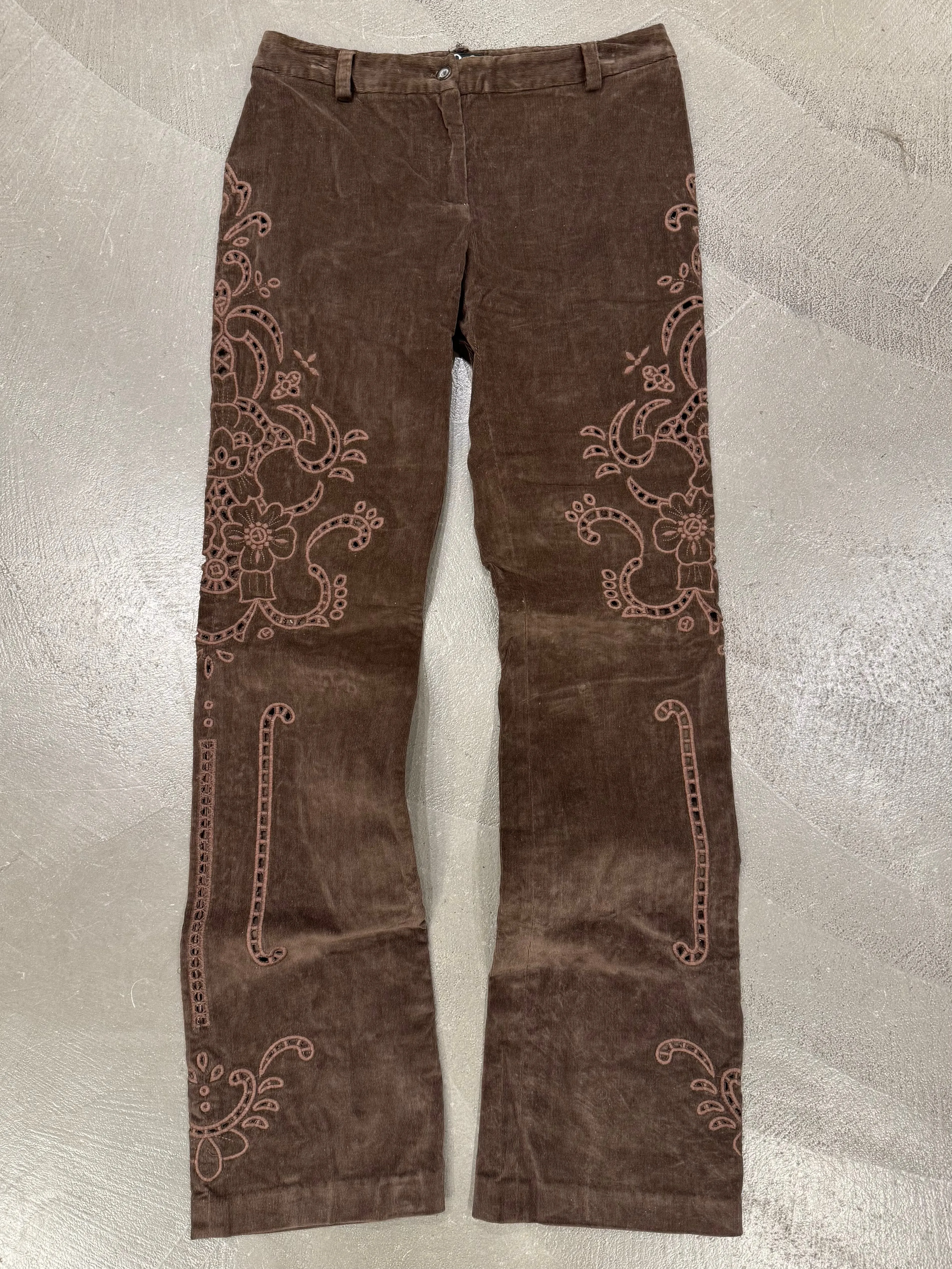 F/W 2002 Dolce & Gabbana embroidered brown corduroy bootcut pants