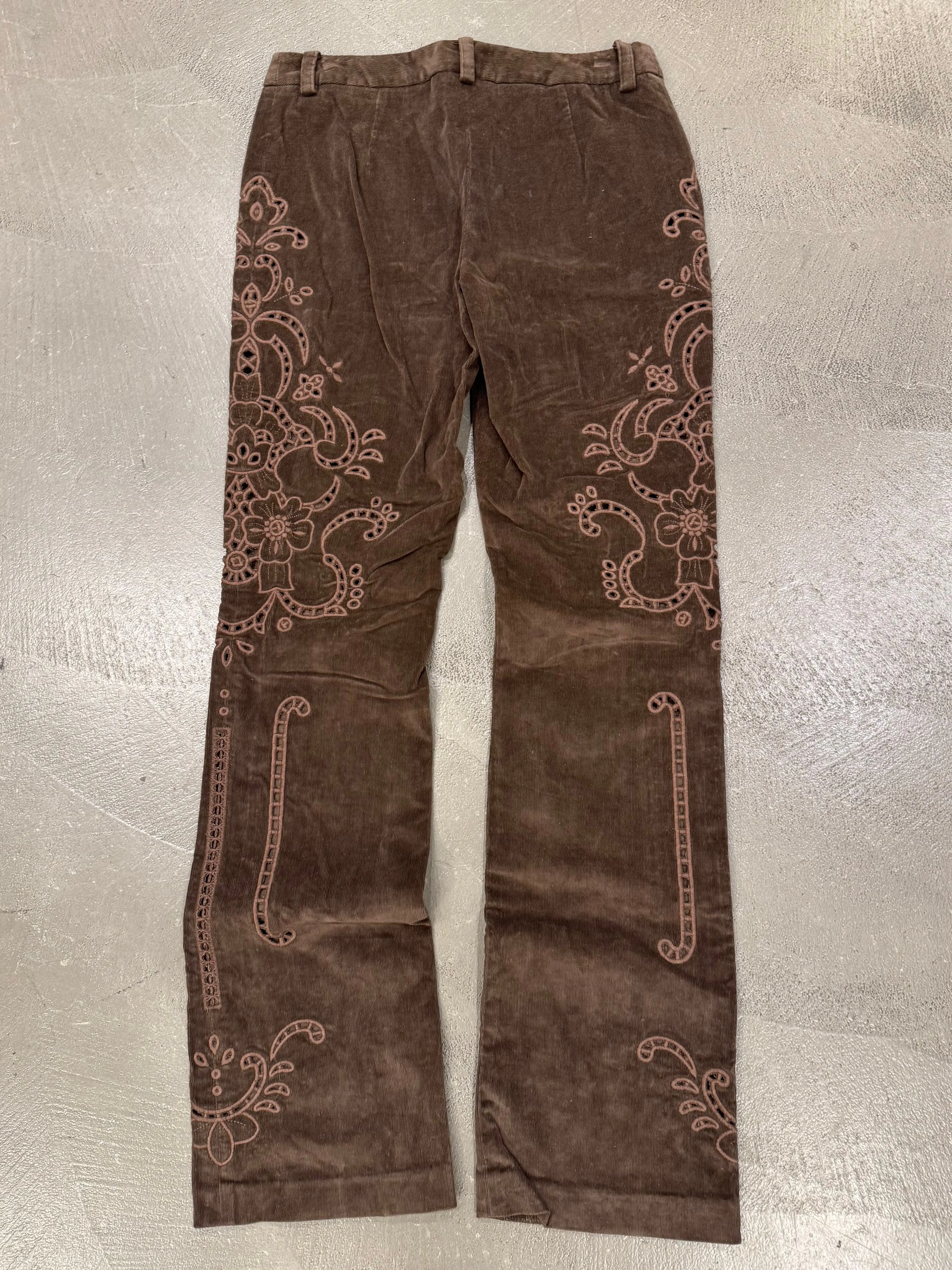 F/W 2002 Dolce & Gabbana embroidered brown corduroy bootcut pants