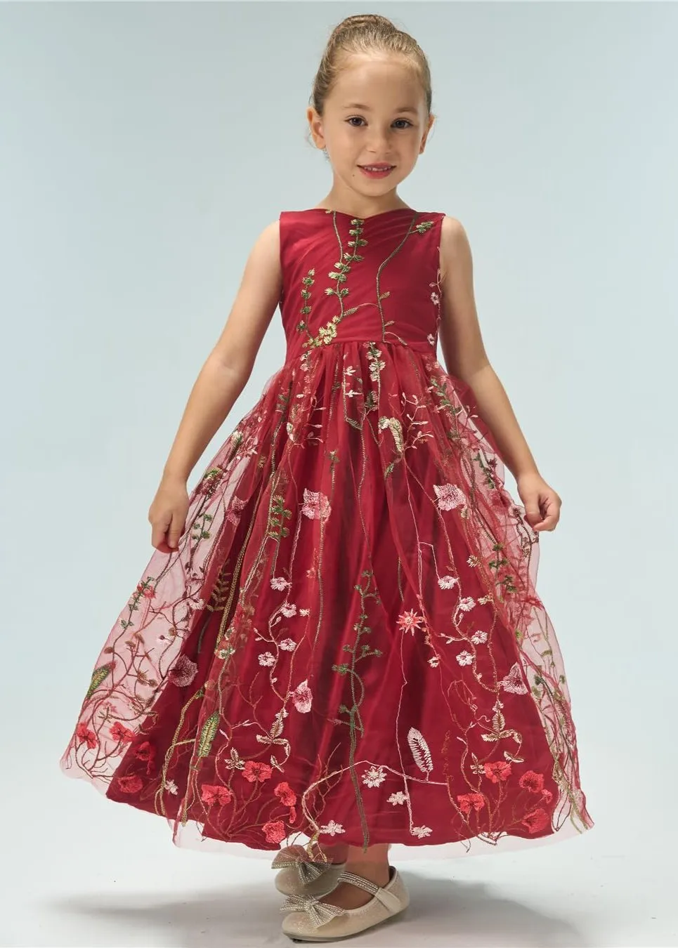 Garden Embroidered Tulle Satin Girl Dress in Wine