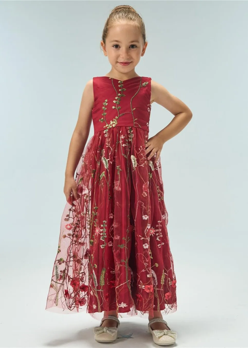 Garden Embroidered Tulle Satin Girl Dress in Wine
