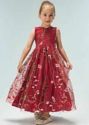 Garden Embroidered Tulle Satin Girl Dress in Wine