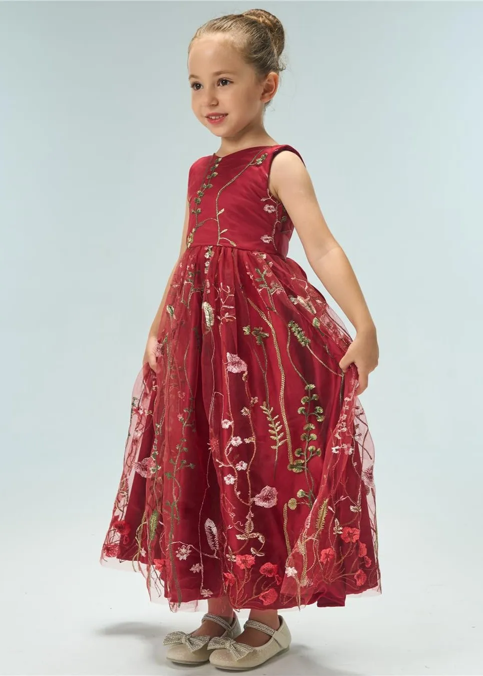 Garden Embroidered Tulle Satin Girl Dress in Wine