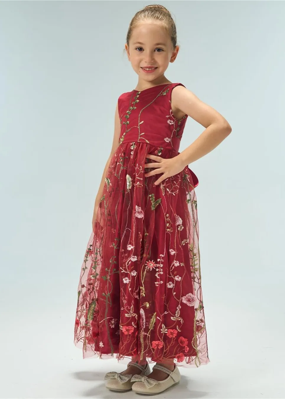 Garden Embroidered Tulle Satin Girl Dress in Wine