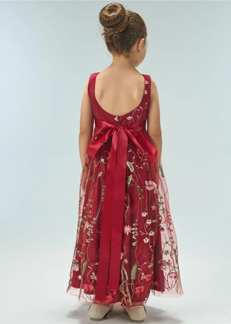 Garden Embroidered Tulle Satin Girl Dress in Wine