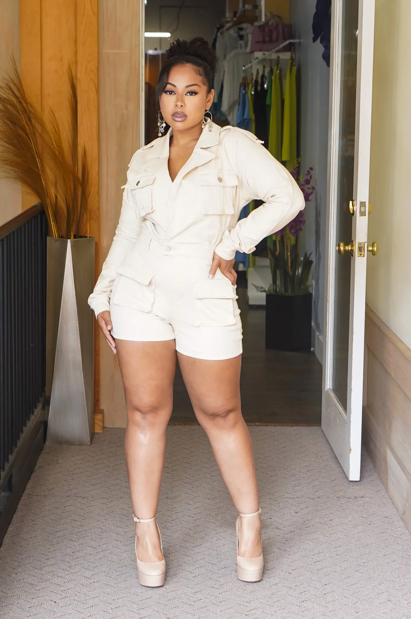 Getting Ready Utility Romper (Taupe & Black) - Plus Size also
