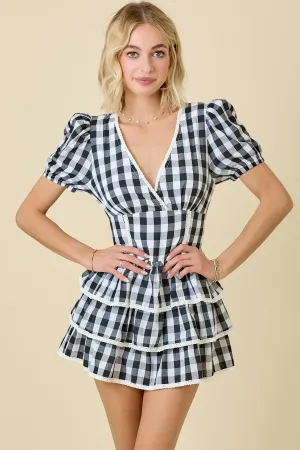 GINGHAM TIERED RUFFLE ROMPER DRESS