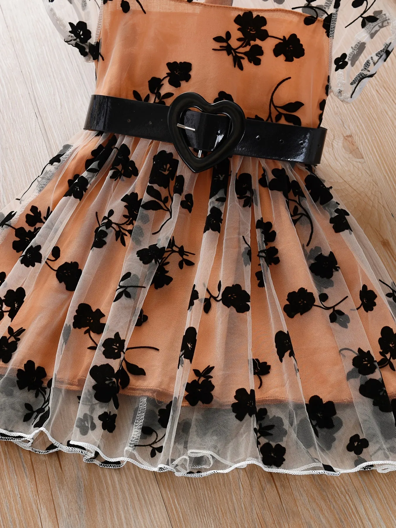 Girls Black Flower Embroidered Mesh Dress