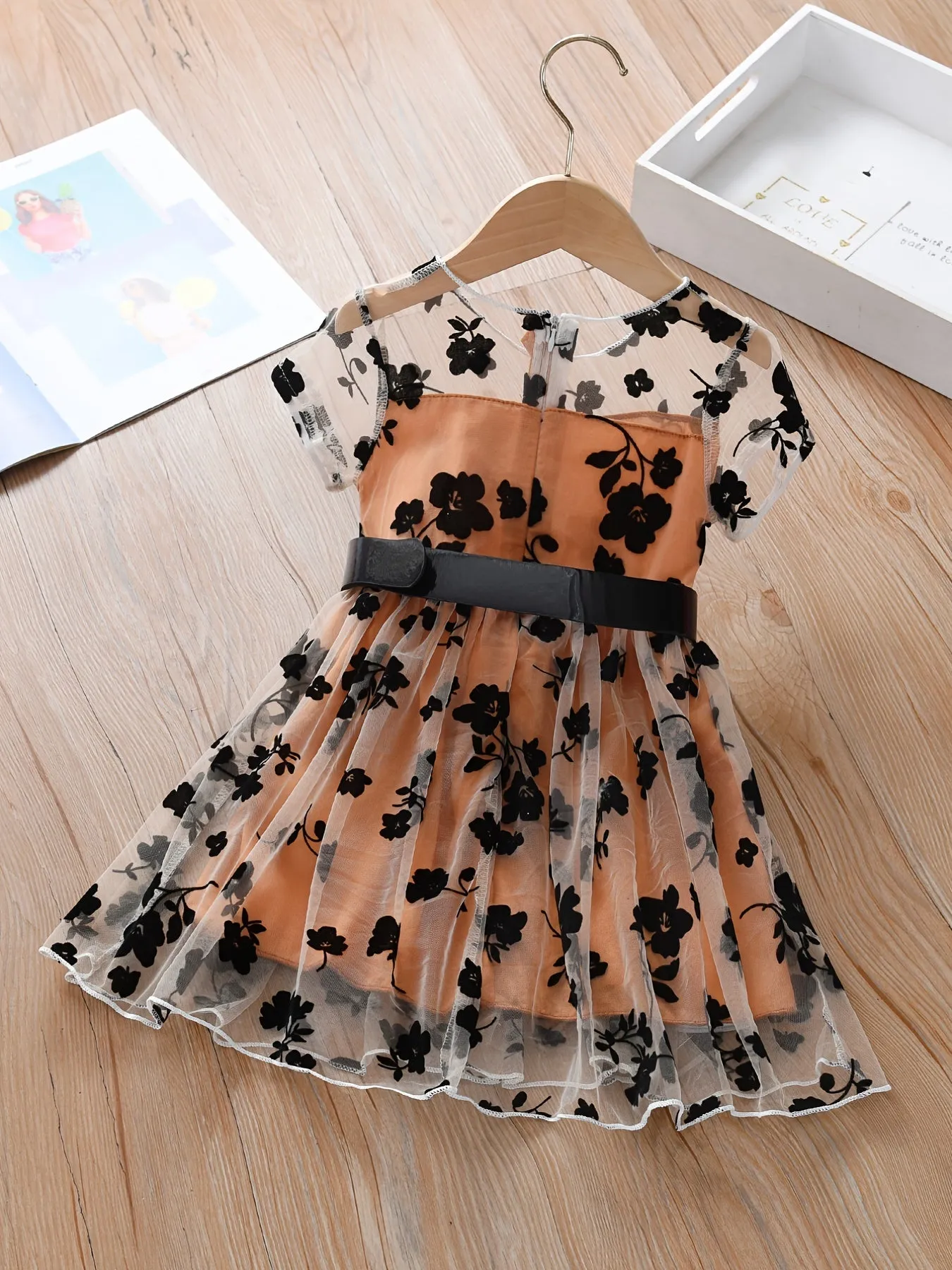 Girls Black Flower Embroidered Mesh Dress