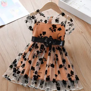 Girls Black Flower Embroidered Mesh Dress