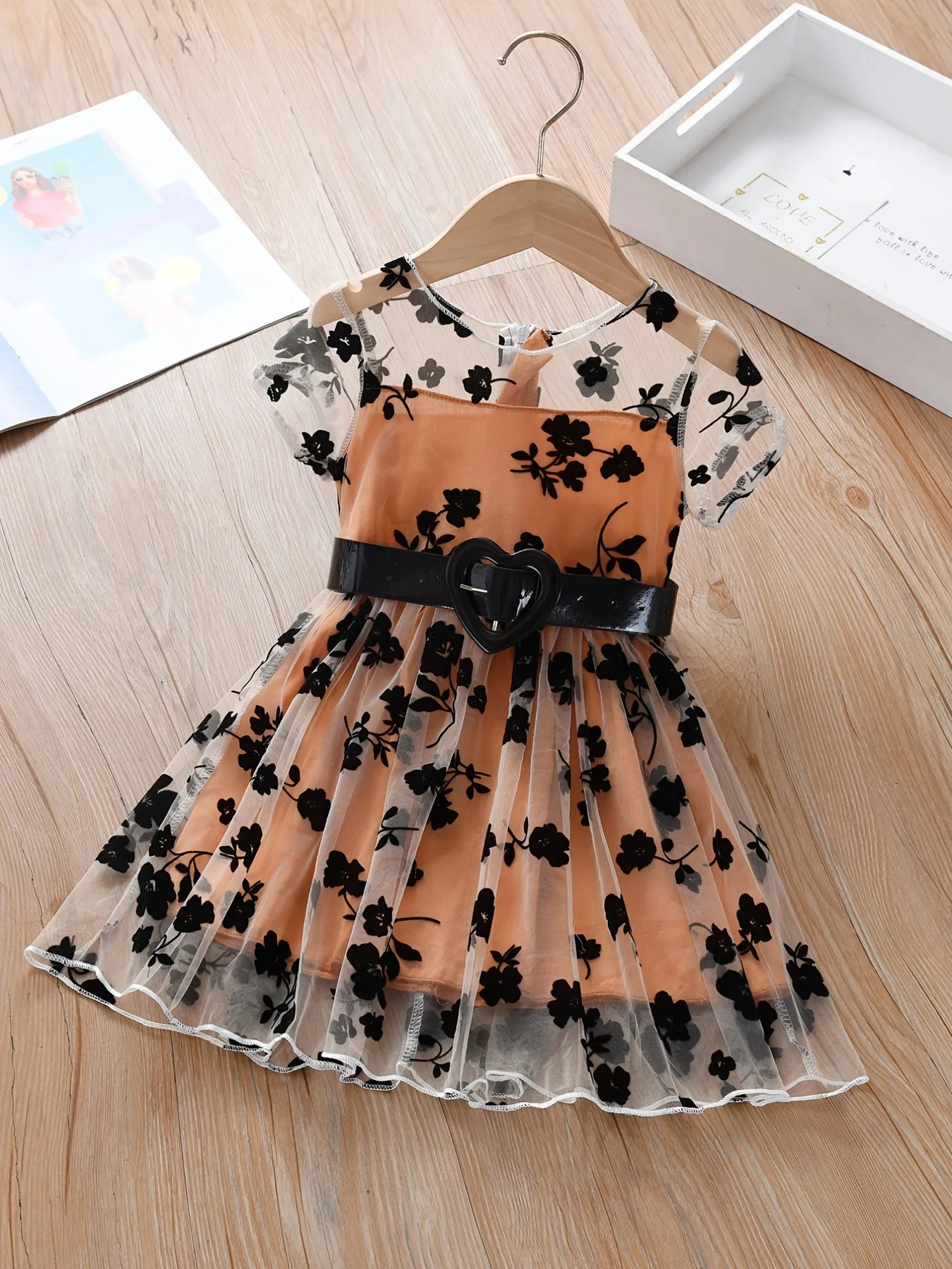 Girls Black Flower Embroidered Mesh Dress
