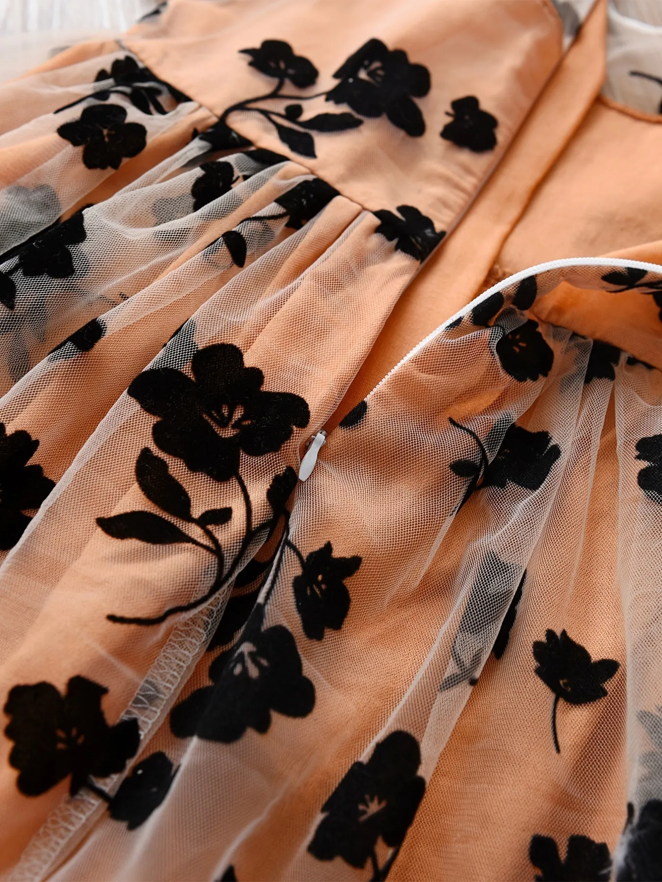Girls Black Flower Embroidered Mesh Dress