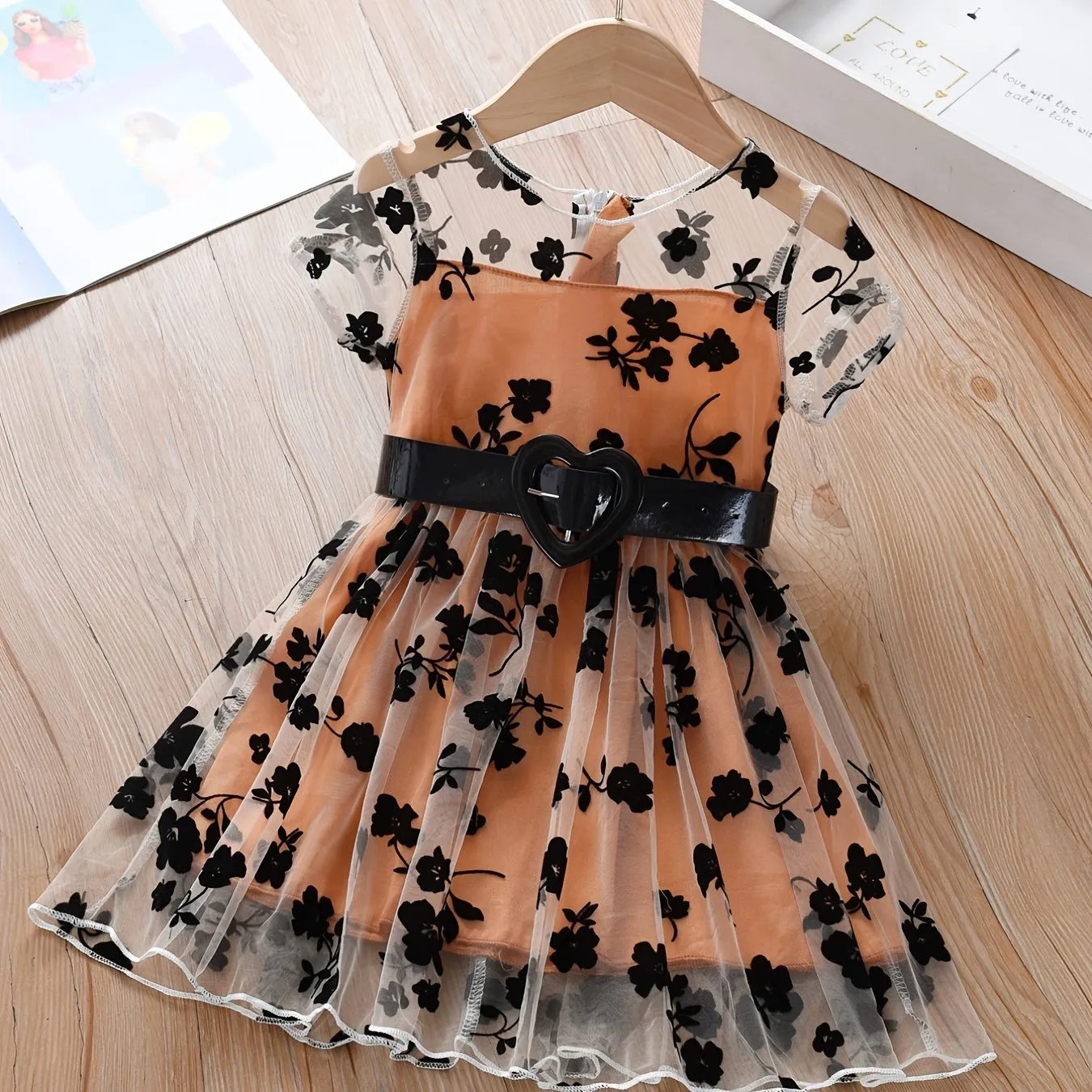 Girls Black Flower Embroidered Mesh Dress
