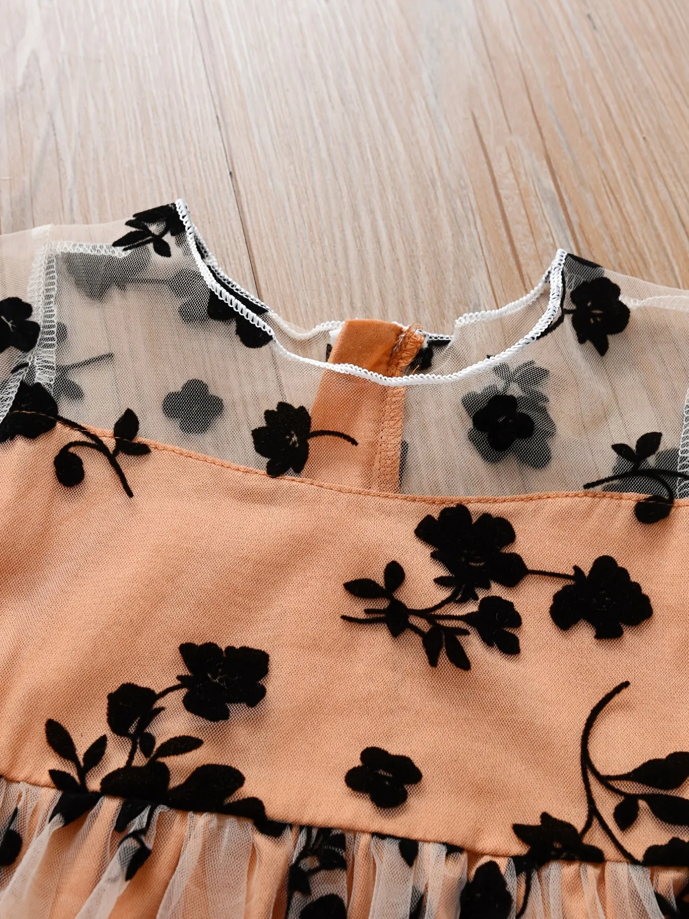 Girls Black Flower Embroidered Mesh Dress
