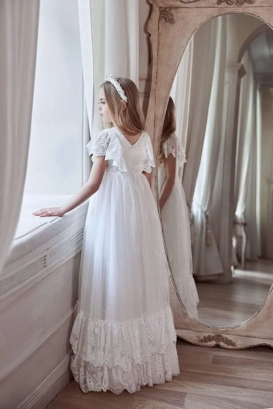 Girls Boho Chic Long Lace Dress in Ivory