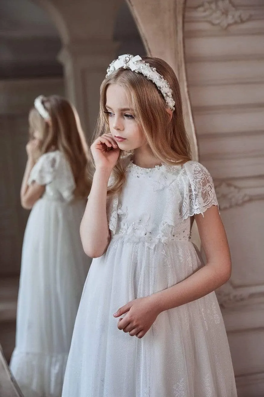Girls Boho Chic Long Lace Dress in Ivory