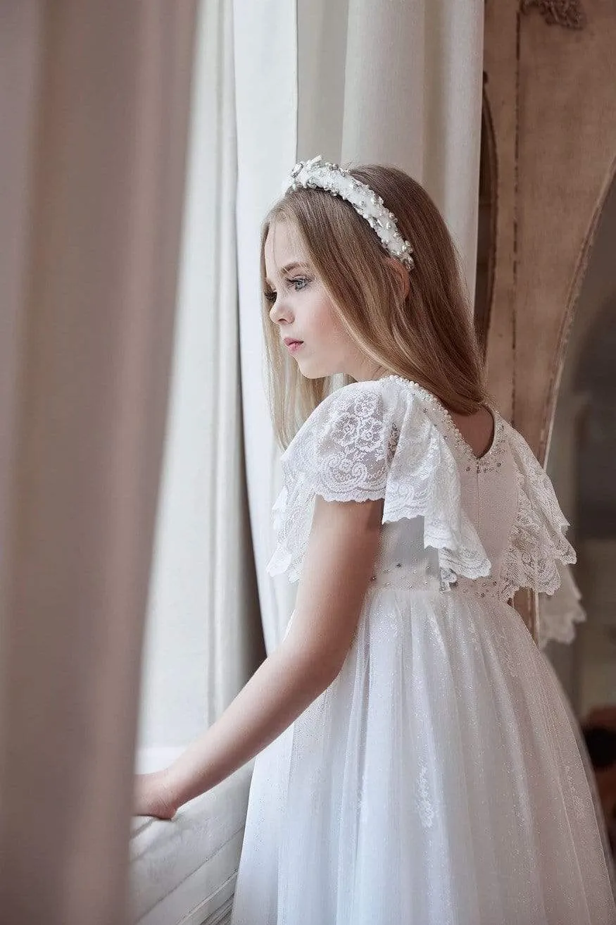 Girls Boho Chic Long Lace Dress in Ivory