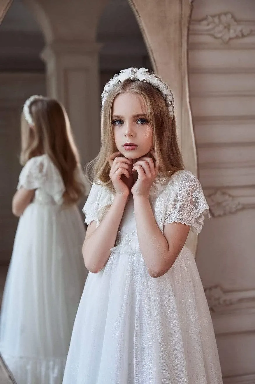Girls Boho Chic Long Lace Dress in Ivory