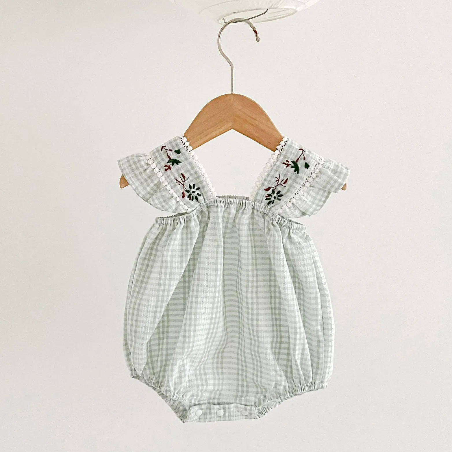 Girls Gingham Embroidered Romper