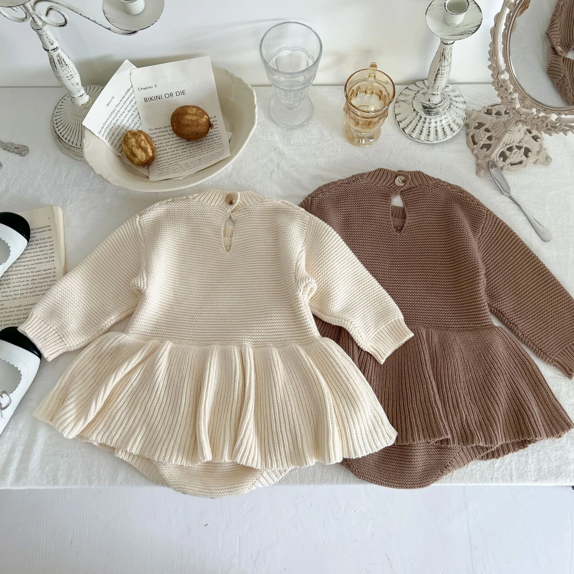 Girls Peplum Style Cable Knit Romper- Mocha