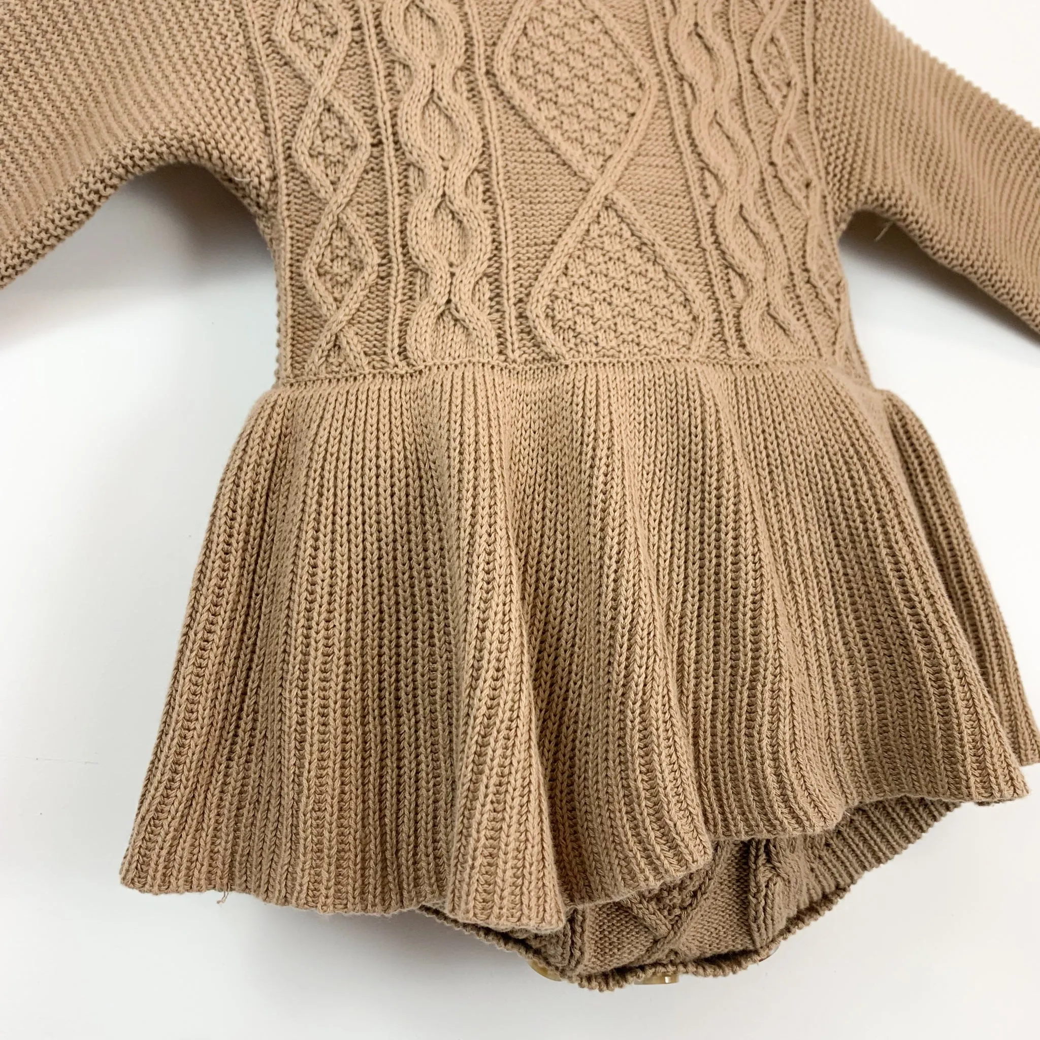 Girls Peplum Style Cable Knit Romper- Mocha