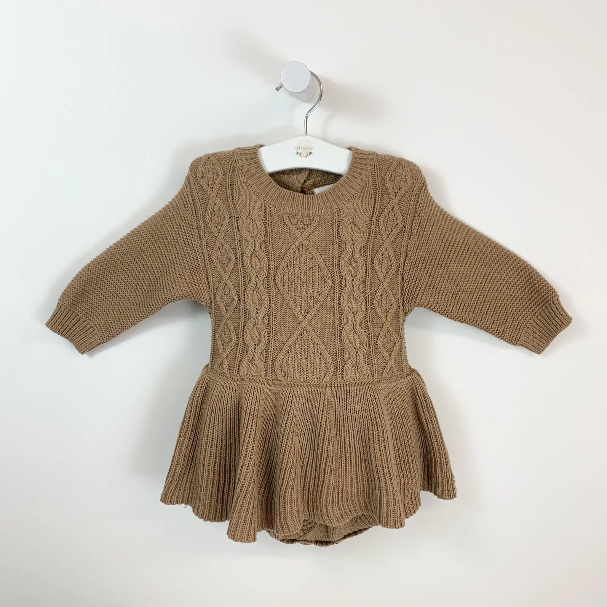 Girls Peplum Style Cable Knit Romper- Mocha