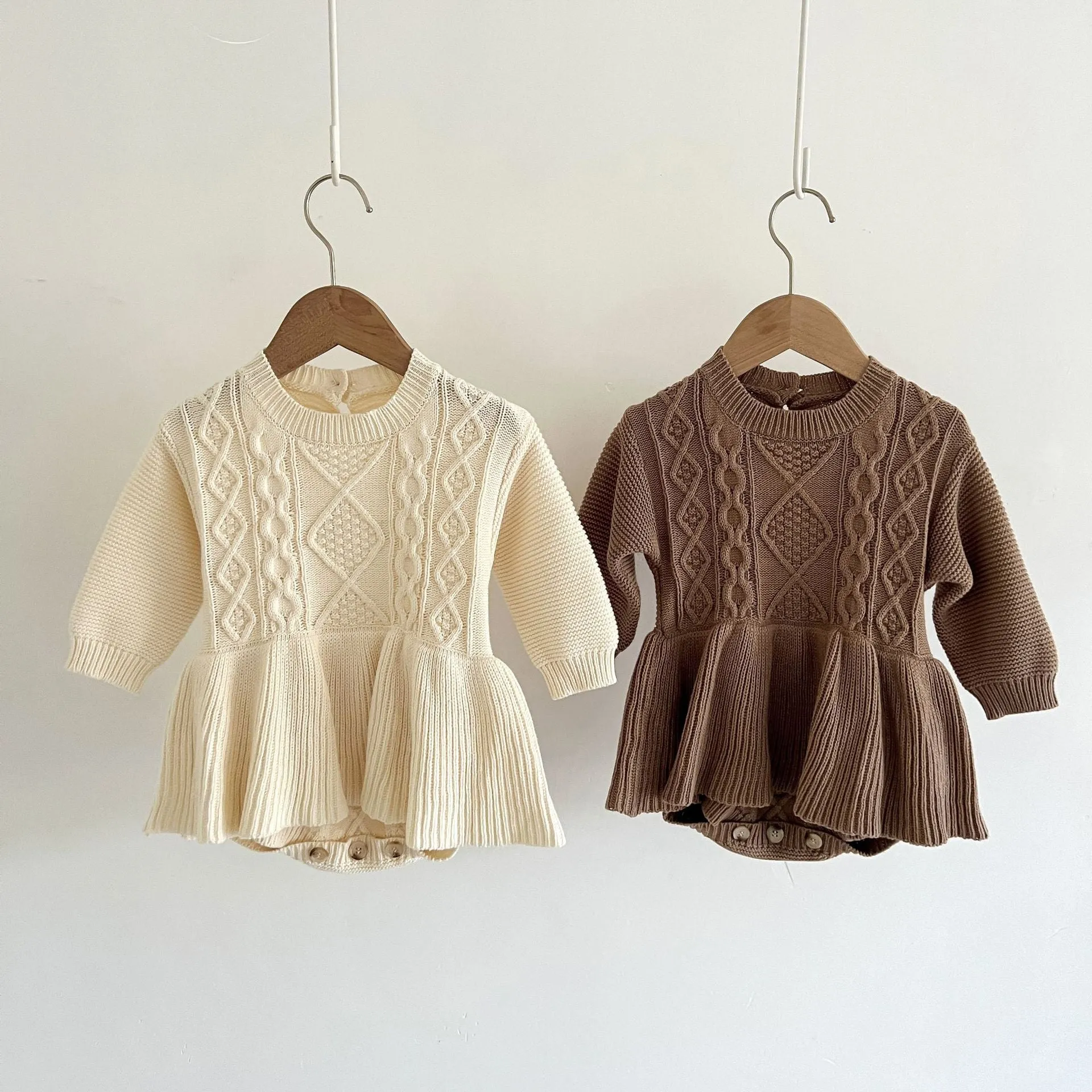 Girls Peplum Style Cable Knit Romper- Mocha