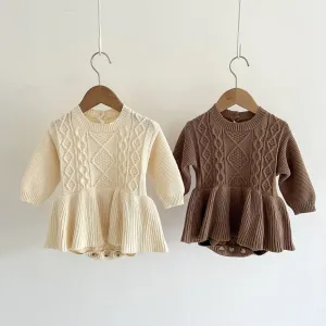 Girls Peplum Style Cable Knit Romper- Mocha