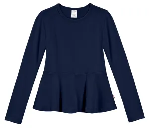 Girls Soft Cotton Long Sleeve Peplum Tee | Navy