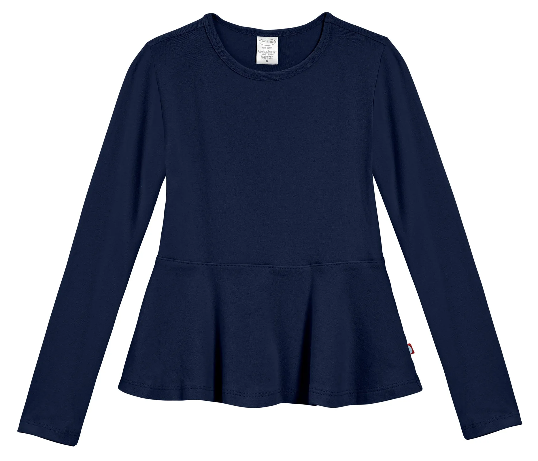 Girls Soft Cotton Long Sleeve Peplum Tee | Navy