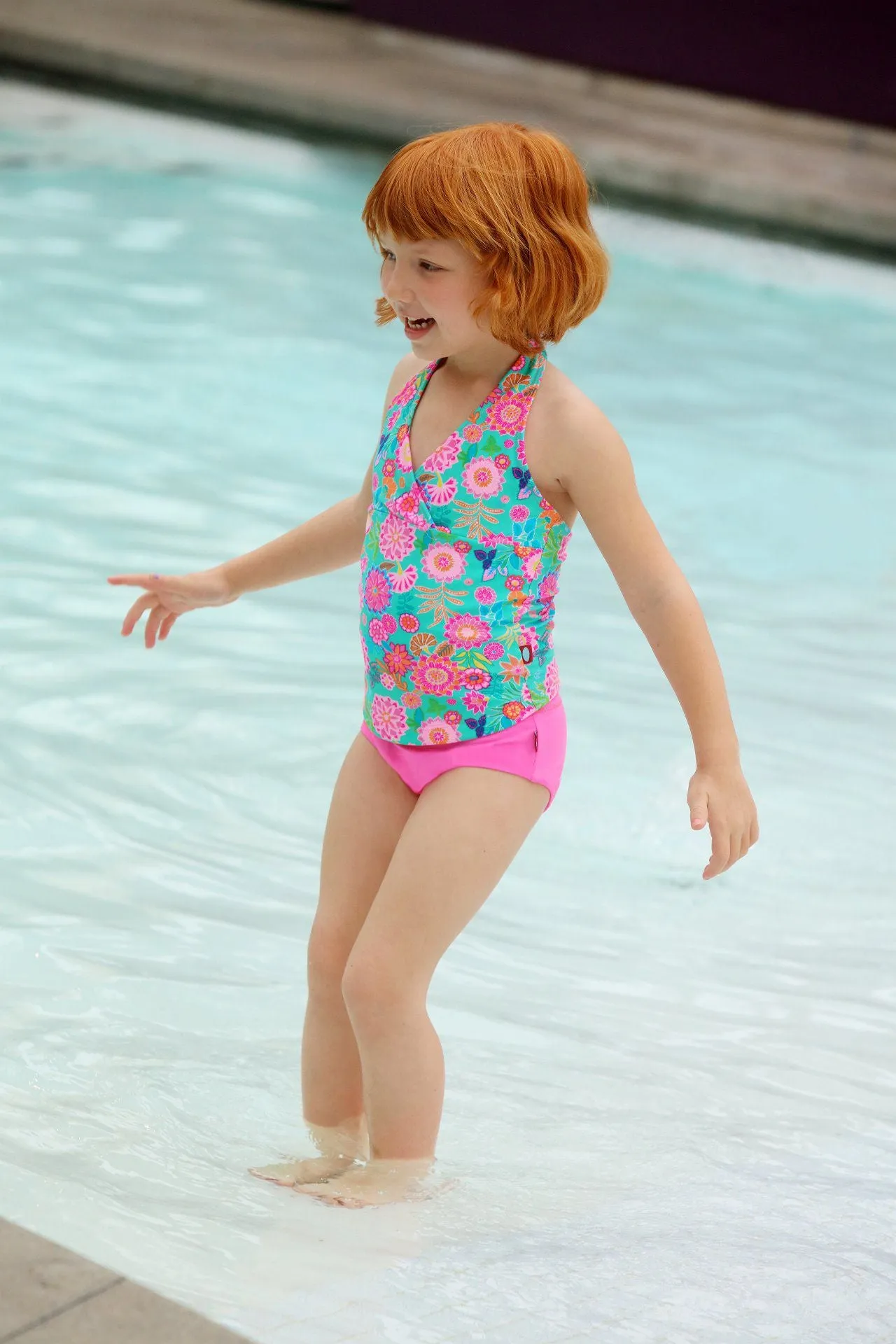 Girls UPF 50  Printed Swim Halter Top | Pink w/ White Polkadots