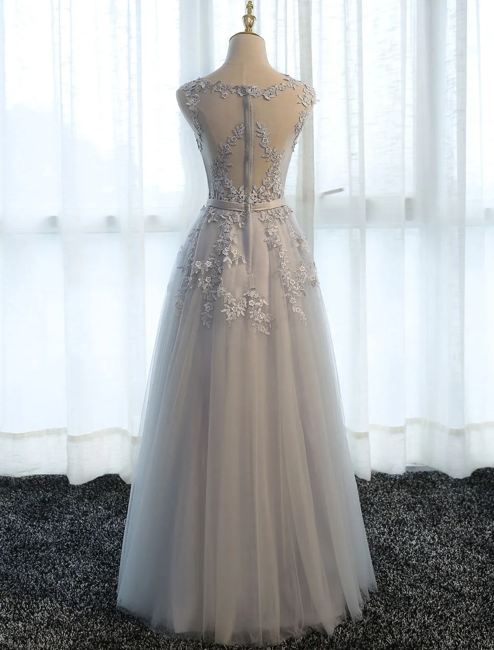 Glamorous Long Evening Dresses Lace Cameo Pink Party Dresses A Line Applique Tulle Maxi Formal Dresses