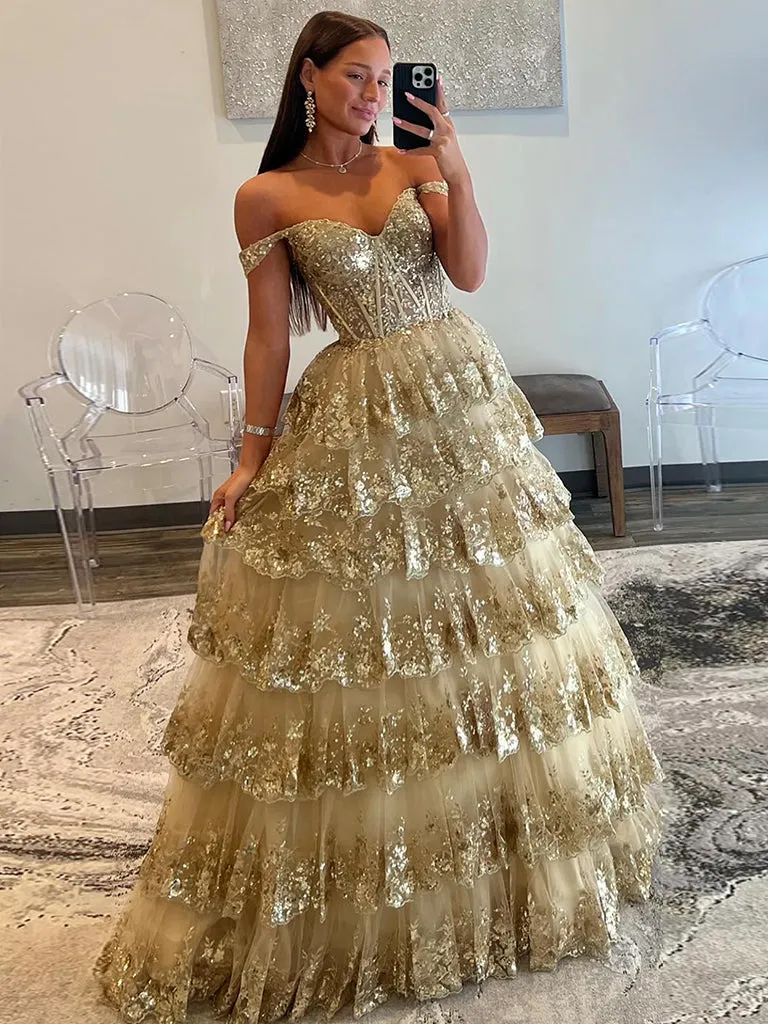 Gold A-Line Tulle Gold Sequin Long Prom Dress, Gold Long Evening Dress