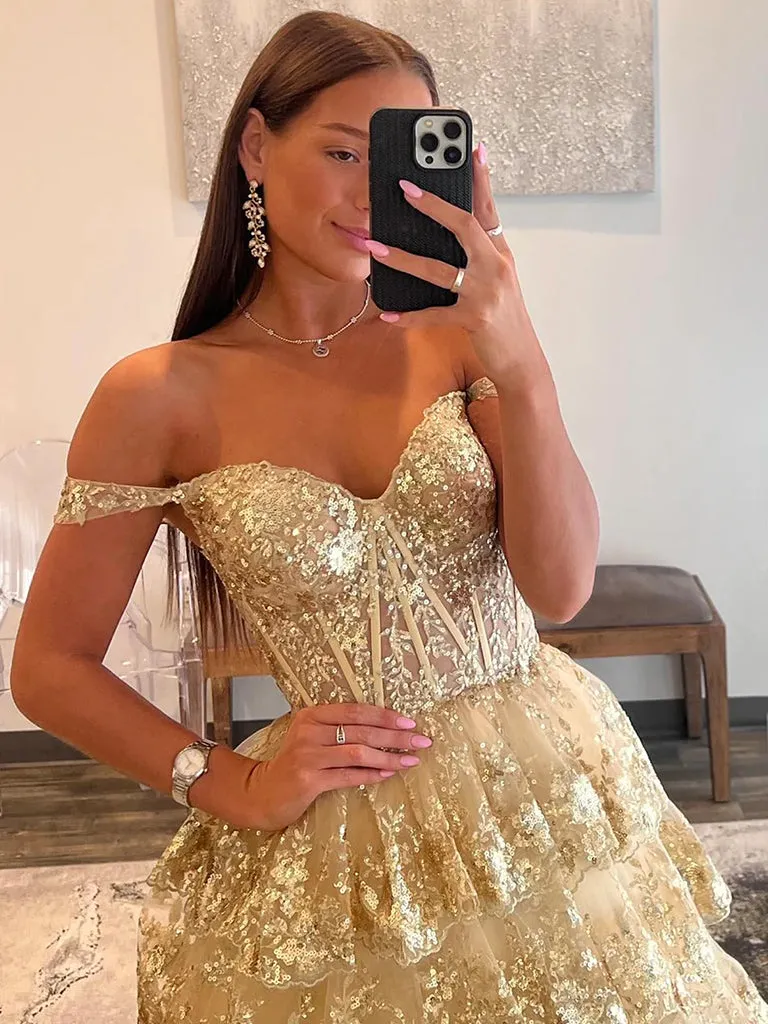 Gold A-Line Tulle Gold Sequin Long Prom Dress, Gold Long Evening Dress