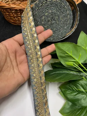 Gold Embroidered Saree Laces for Sarees, Kurtis, Dupattas, Dresses & Lehengas – 9 Meters, 1.25-Inch Decorative Border | Grey