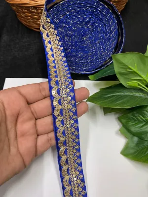 Gold Embroidered Saree Laces for Sarees, Kurtis, Dupattas, Dresses & Lehengas – 9 Meters, 1.25-Inch Decorative Border | Royal Blue
