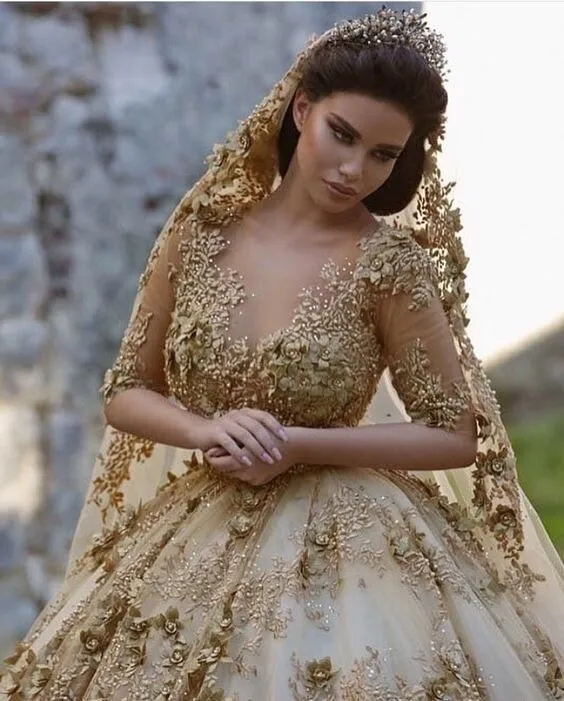 Gold Long Sleeves Wedding Dress  Flowers Lace Bridal Gown In Stock Vestidos De Novia