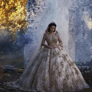 Gold Long Sleeves Wedding Dress  Flowers Lace Bridal Gown In Stock Vestidos De Novia