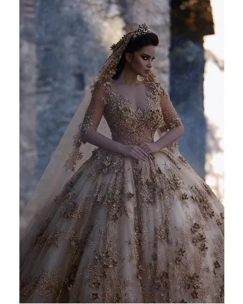 Gold Long Sleeves Wedding Dress  Flowers Lace Bridal Gown In Stock Vestidos De Novia