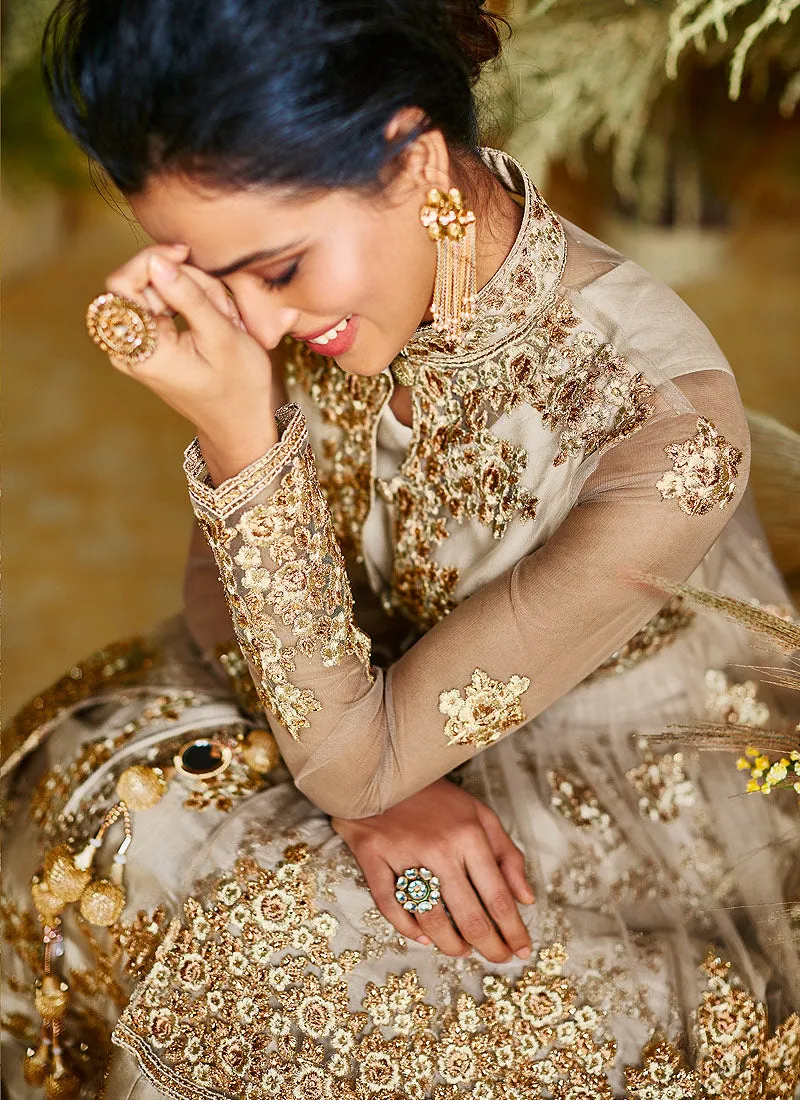 Golden Beige Peplum Style Lehenga Suit