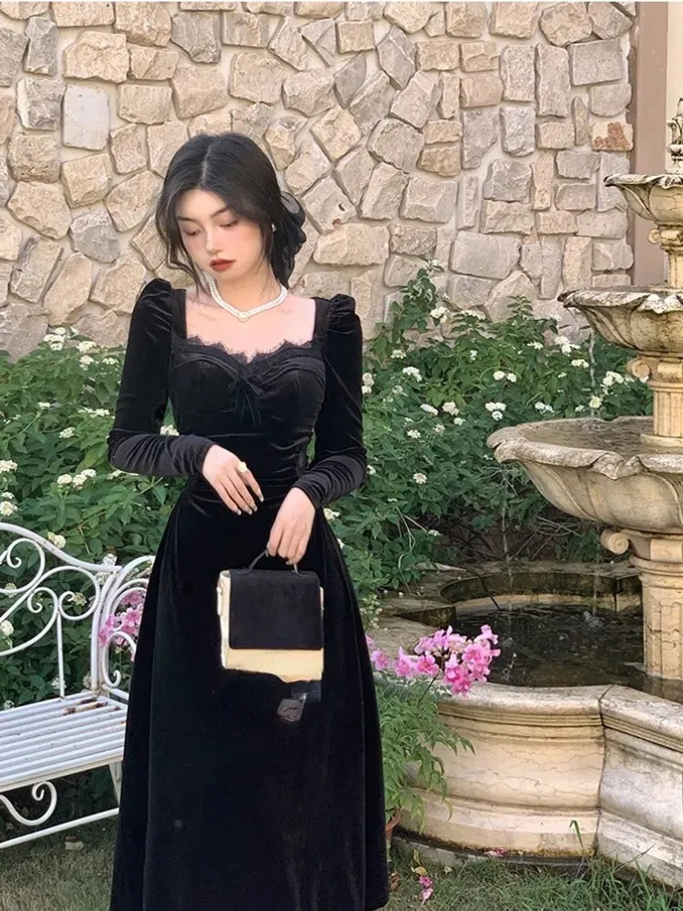 Gothic Vintage Long Sleeve Elegant Velvet Midi Dress