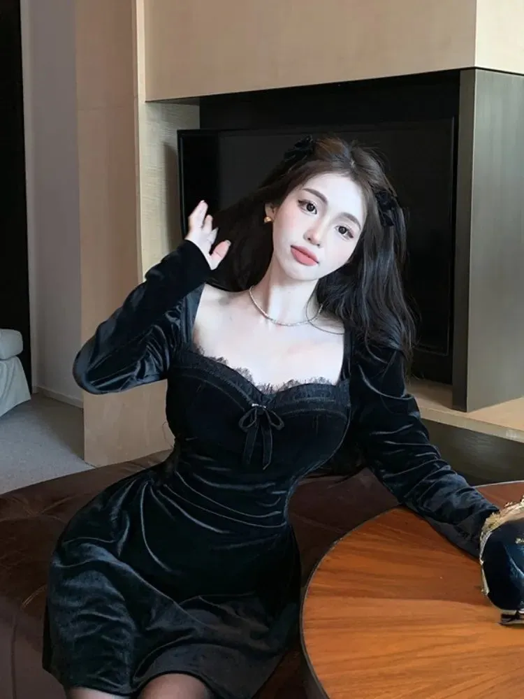 Gothic Vintage Long Sleeve Elegant Velvet Midi Dress