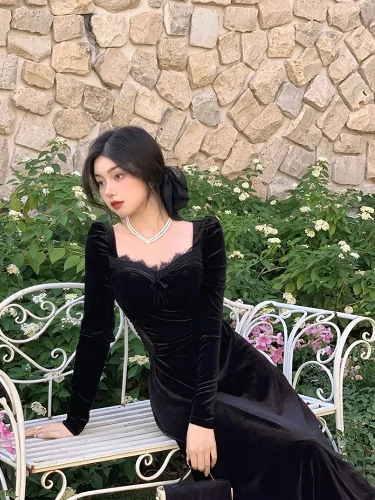 Gothic Vintage Long Sleeve Elegant Velvet Midi Dress