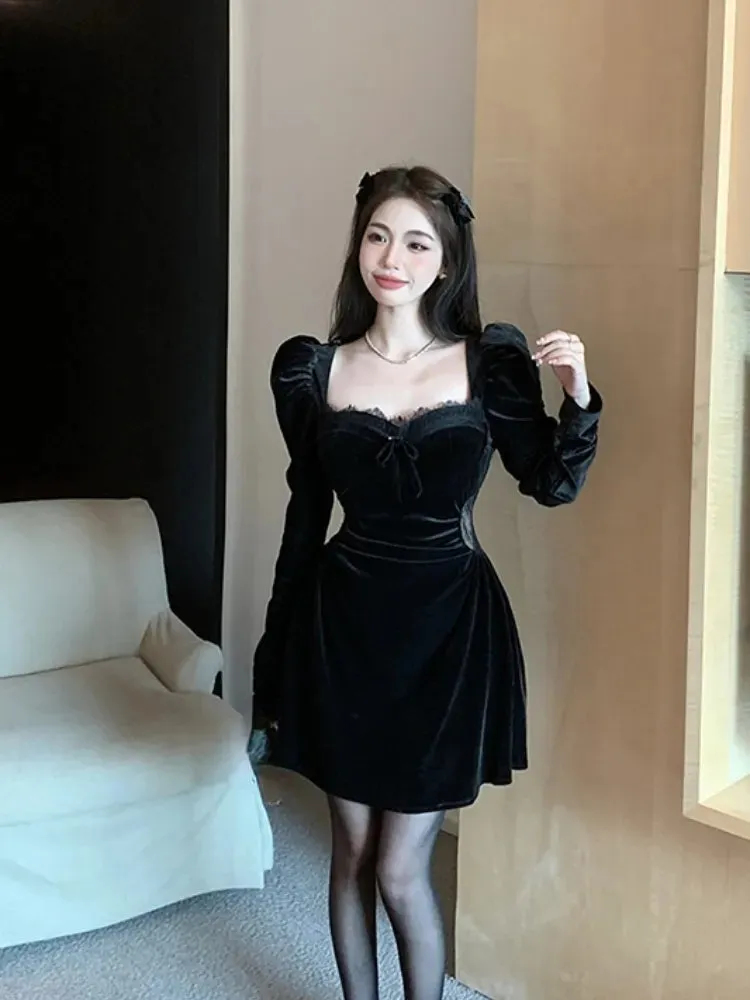 Gothic Vintage Long Sleeve Elegant Velvet Midi Dress